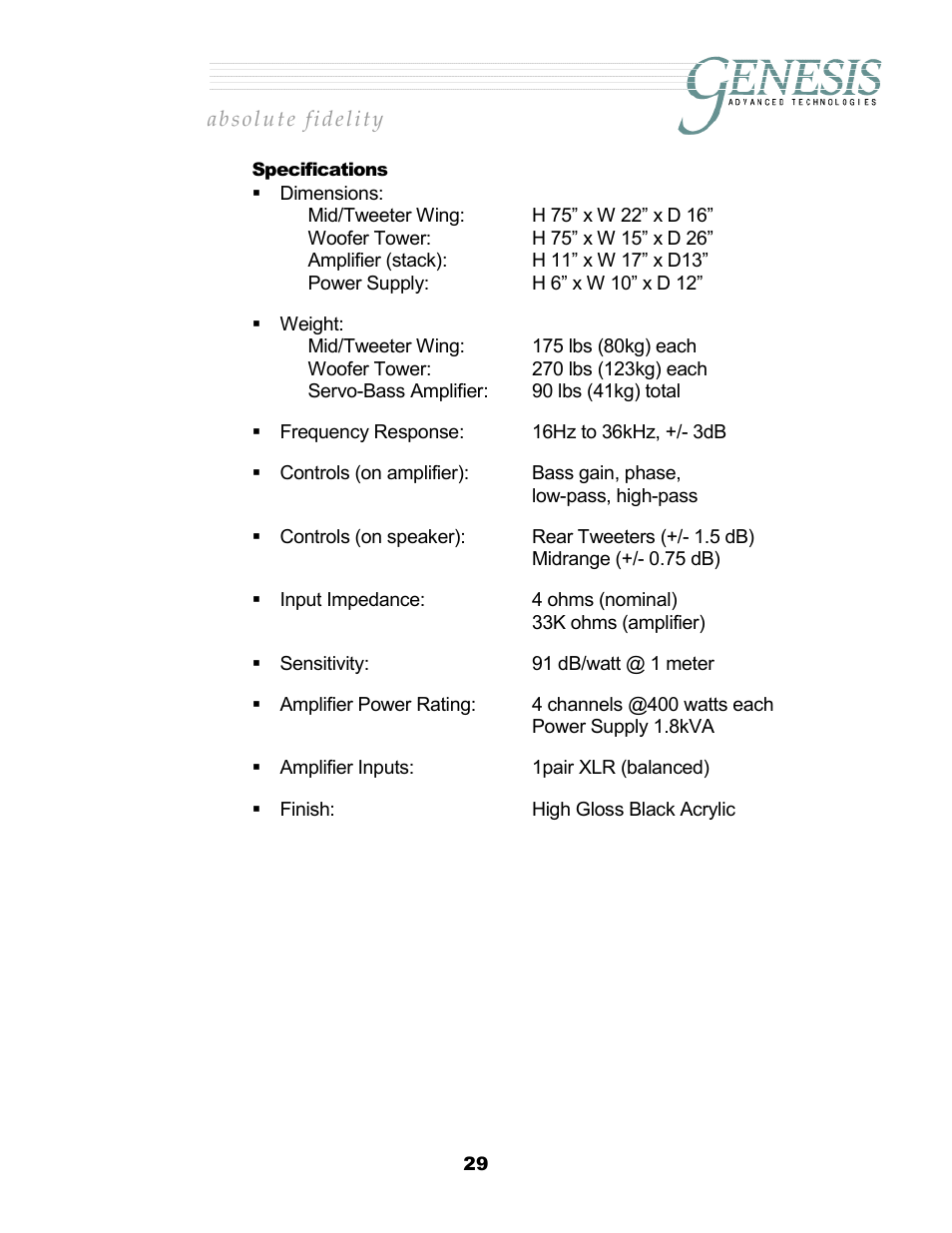 Specifications, Pecifications | Genesis Advanced Technologies 2.2 User Manual | Page 33 / 33
