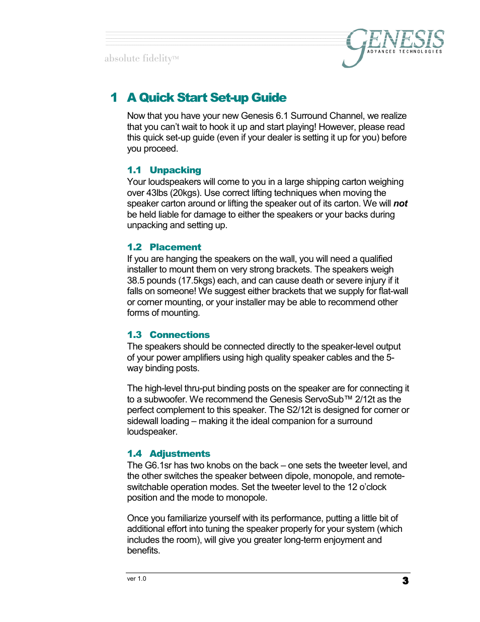 A quick start set-up guide, Unpacking, Placement | Connections, Adjustments, Npacking, Lacement, Onnections, Djustments, 1 a quick start set-up guide | Genesis Advanced Technologies G6.1sr User Manual | Page 3 / 9