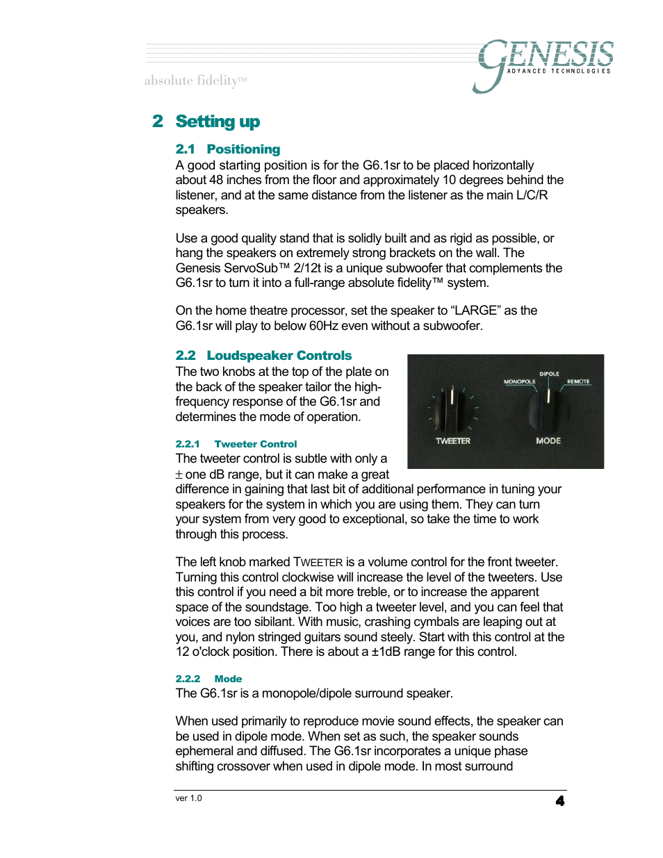 Setting up, Positioning, Loudspeaker controls | Tweeter control, Mode, Ositioning, Oudspeaker, Ontrols, Weeter, Ontrol | Genesis Advanced Technologies G6.1sr User Manual | Page 4 / 9