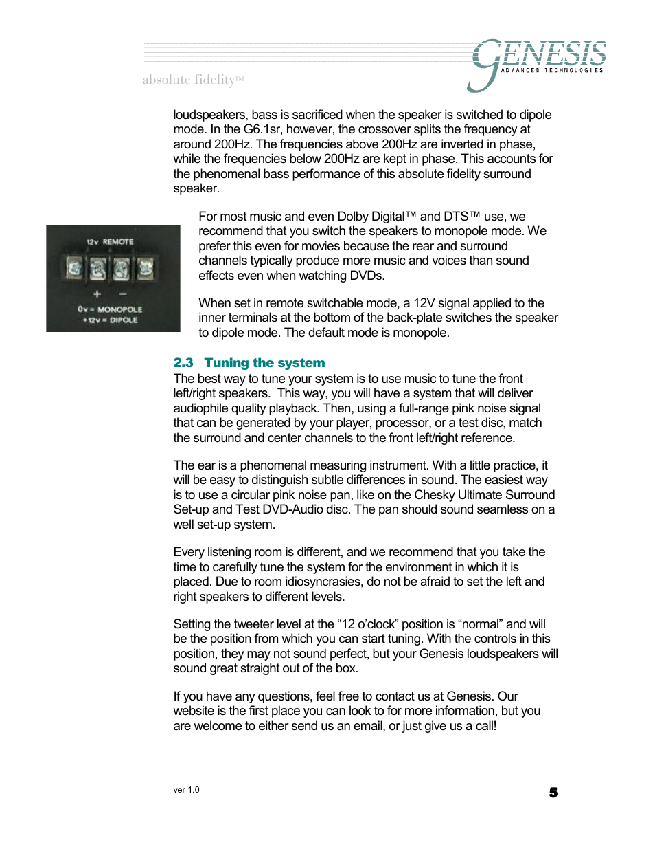 Tuning the system, Uning the system, Длздмнй=сбзйдбну | Genesis Advanced Technologies G6.1sr User Manual | Page 5 / 9