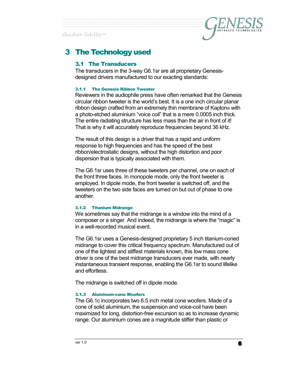 The technology used, The transducers, The genesis ribbon tweeter | Titanium midrange, Aluminum-cone woofers, Ransducers, Enesis, Ibbon, Weeter, Itanium | Genesis Advanced Technologies G6.1sr User Manual | Page 6 / 9
