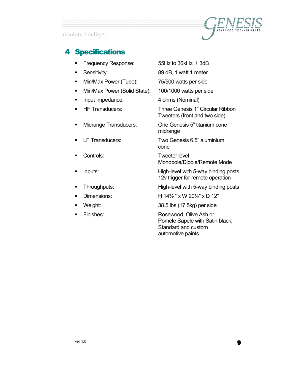 Specifications, Specifications 9, 4 specifications | Genesis Advanced Technologies G6.1sr User Manual | Page 9 / 9