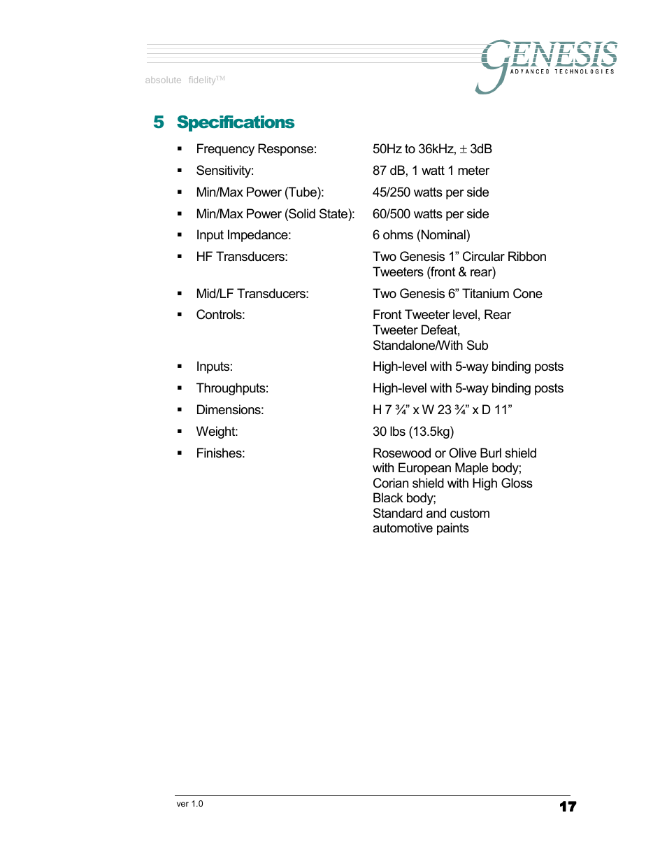 5 specifications | Genesis Advanced Technologies G7.1c User Manual | Page 17 / 17