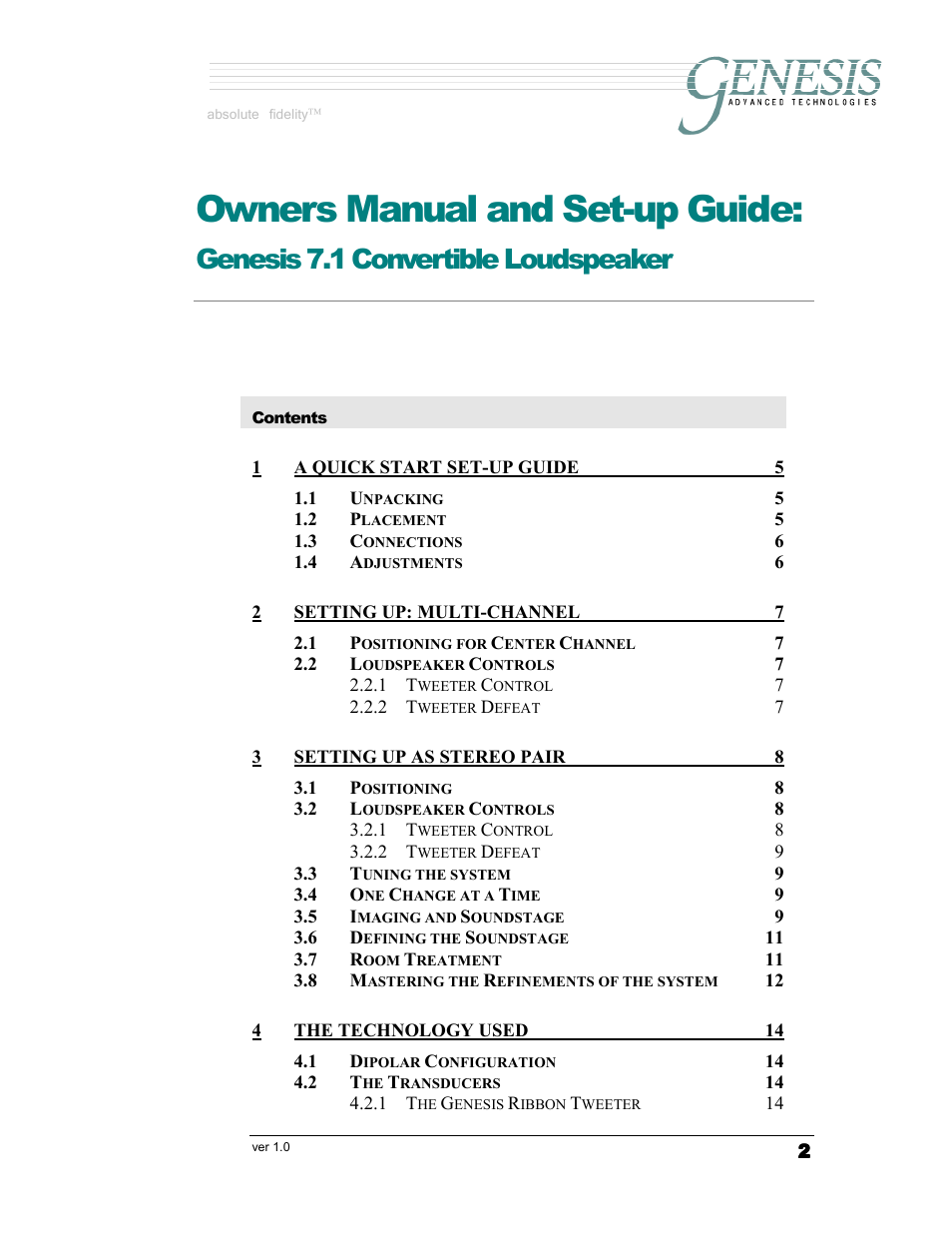 Owners manual and set-up guide, Genesis 7.1 convertible loudspeaker, Absolute fidelity | Genesis Advanced Technologies G7.1c User Manual | Page 2 / 17