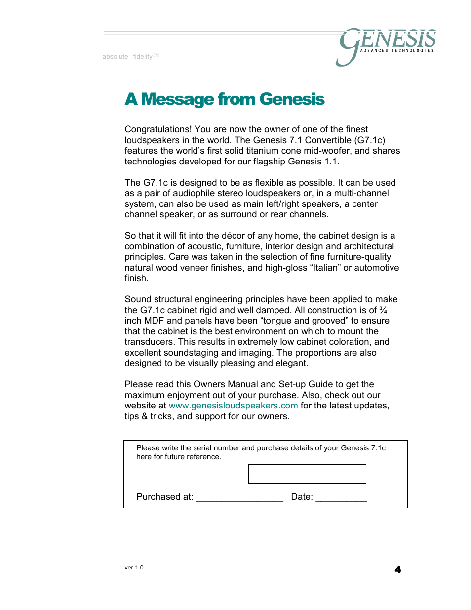 A message from genesis | Genesis Advanced Technologies G7.1c User Manual | Page 4 / 17