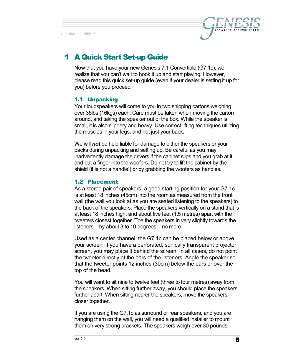 1 a quick start set-up guide | Genesis Advanced Technologies G7.1c User Manual | Page 5 / 17