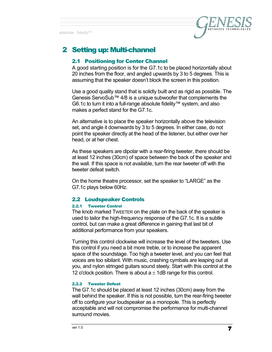 2 setting up: multi-channel, Absolute fidelity | Genesis Advanced Technologies G7.1c User Manual | Page 7 / 17