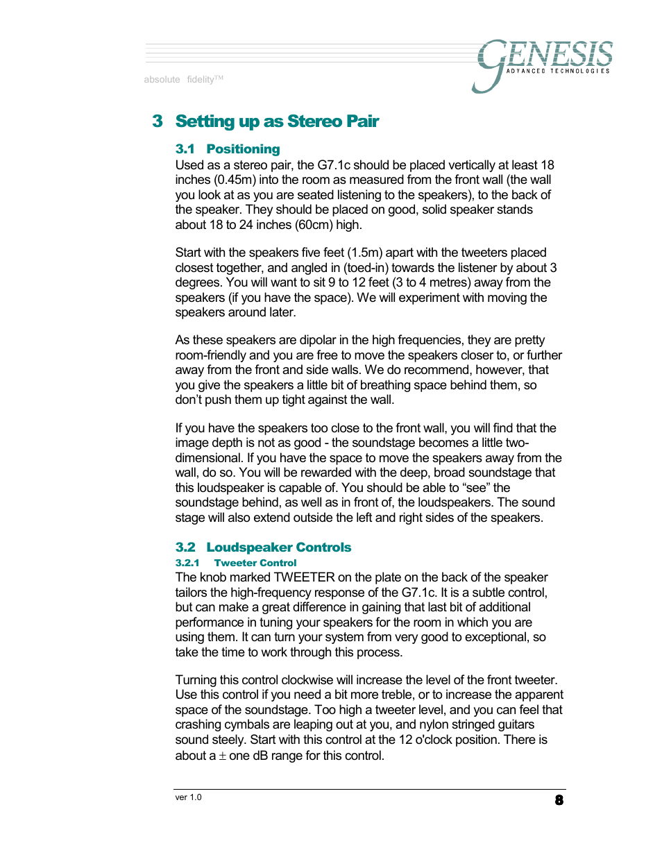 3 setting up as stereo pair, Absolute fidelity | Genesis Advanced Technologies G7.1c User Manual | Page 8 / 17