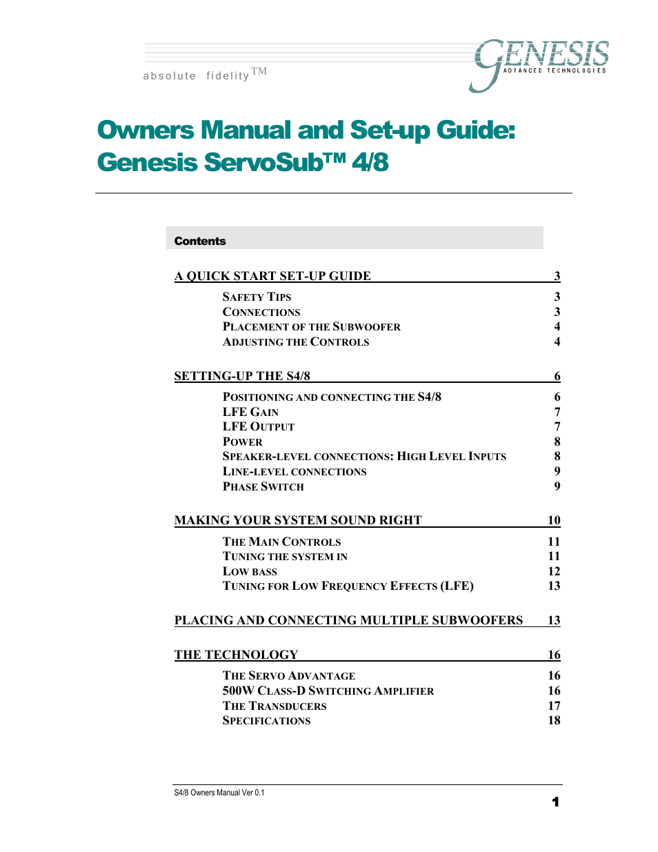 Genesis Advanced Technologies SERVOSUB S4/8 User Manual | 18 pages