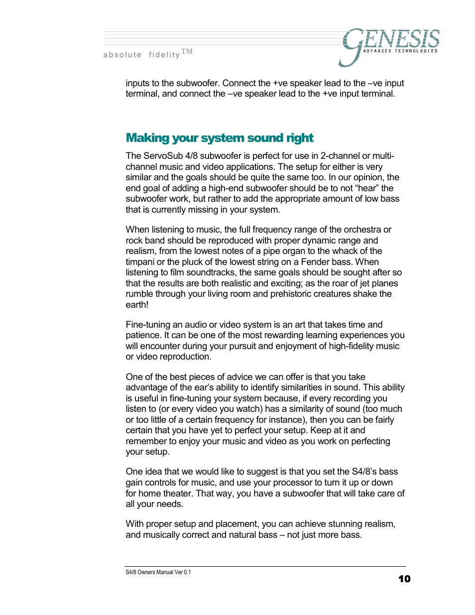 Making your system sound right | Genesis Advanced Technologies SERVOSUB S4/8 User Manual | Page 10 / 18