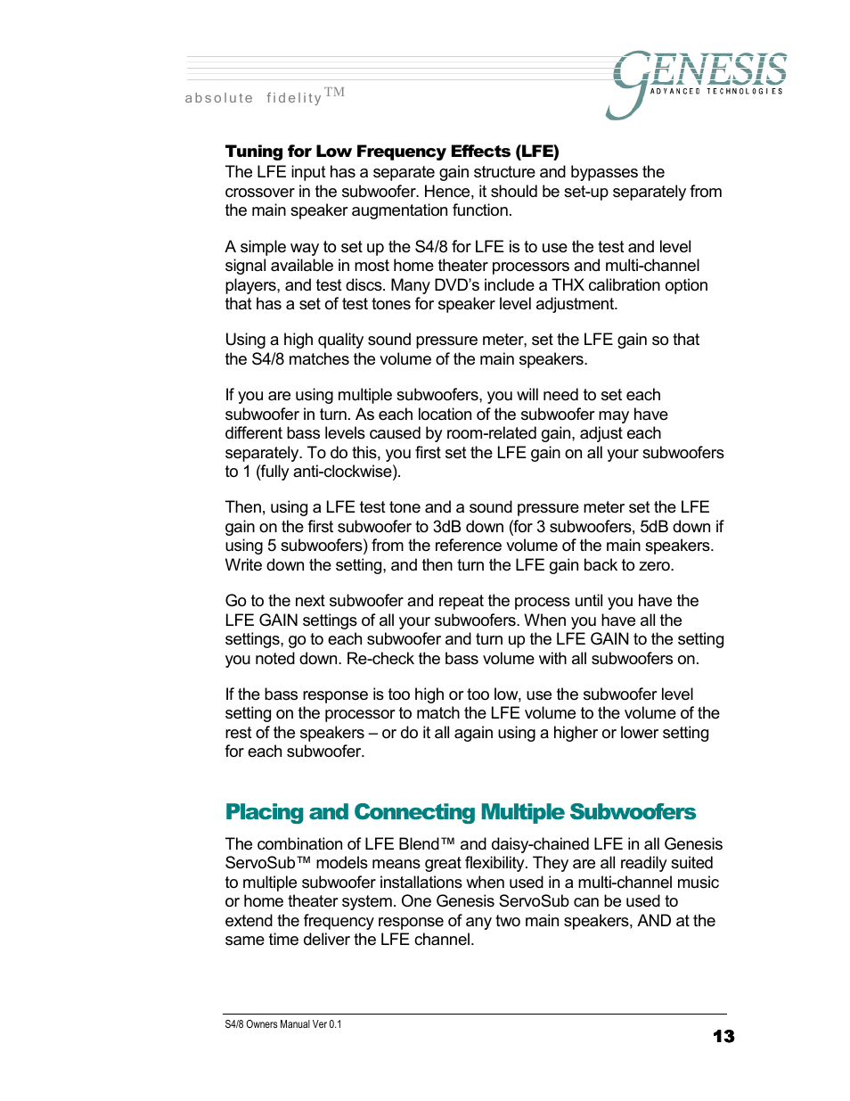 Placing and connecting multiple subwoofers | Genesis Advanced Technologies SERVOSUB S4/8 User Manual | Page 13 / 18
