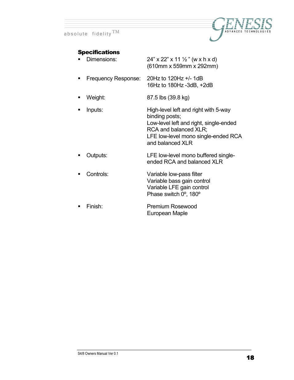 Genesis Advanced Technologies SERVOSUB S4/8 User Manual | Page 18 / 18