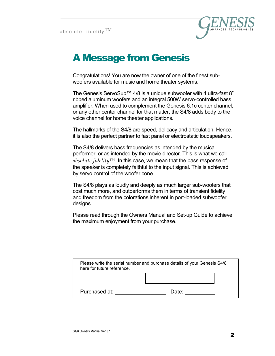 A message from genesis | Genesis Advanced Technologies SERVOSUB S4/8 User Manual | Page 2 / 18
