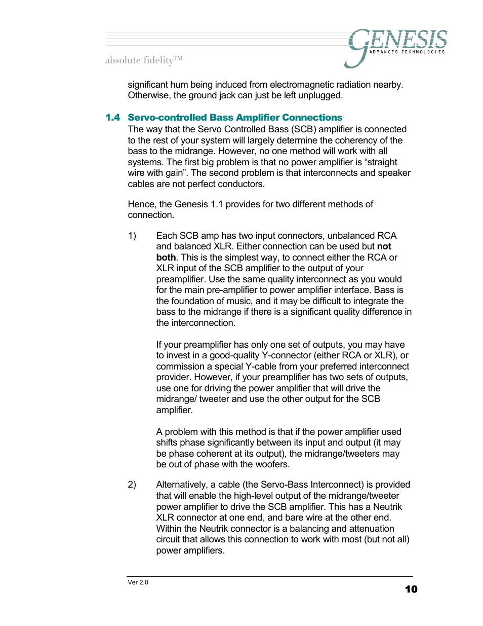 Servo-controlled bass amplifier connections, Ervo, Controlled | Mplifier, Onnections | Genesis Advanced Technologies 1.1 User Manual | Page 10 / 27