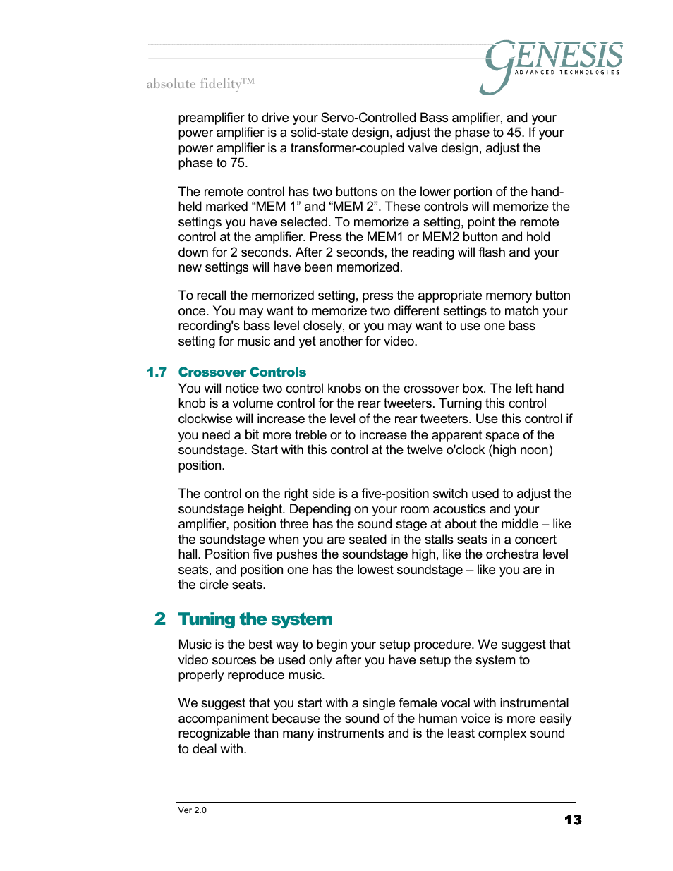 Crossover controls, Tuning the system, Rossover | Ontrols, 2 tuning the system | Genesis Advanced Technologies 1.1 User Manual | Page 13 / 27