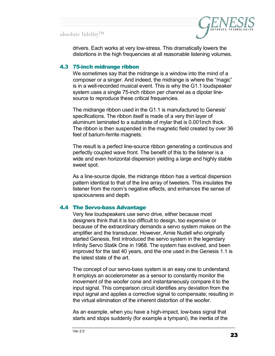 Inch midrange ribbon, The servo-bass advantage, Ervo | Bass, Dvantage | Genesis Advanced Technologies 1.1 User Manual | Page 23 / 27