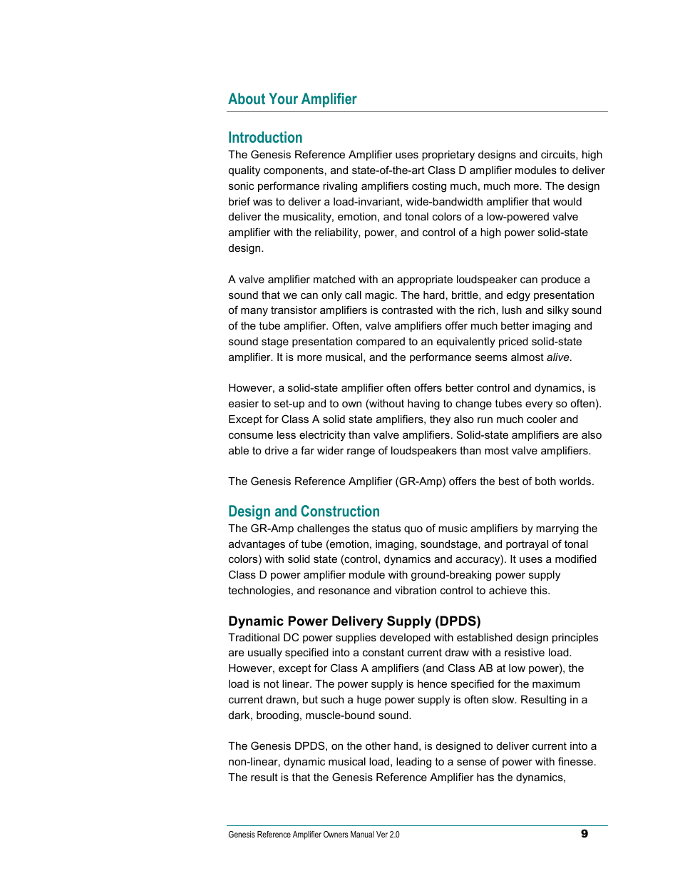 About your amplifier, Introduction, Design and construction | Dynamic power delivery supply (dpds), About your amplifier introduction | Genesis Advanced Technologies Genesis Reference-Series Amplifier None User Manual | Page 10 / 15