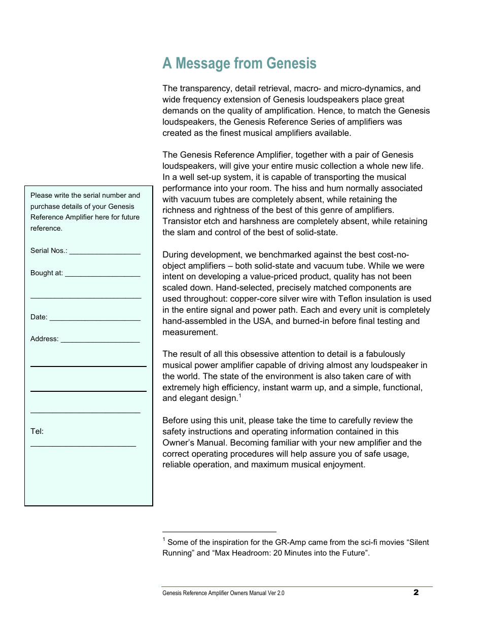 A message from genesis | Genesis Advanced Technologies Genesis Reference-Series Amplifier None User Manual | Page 3 / 15