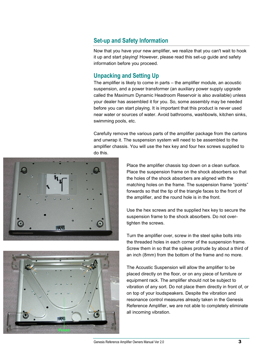 Set-up and safety information, Unpacking and setting up | Genesis Advanced Technologies Genesis Reference-Series Amplifier None User Manual | Page 4 / 15