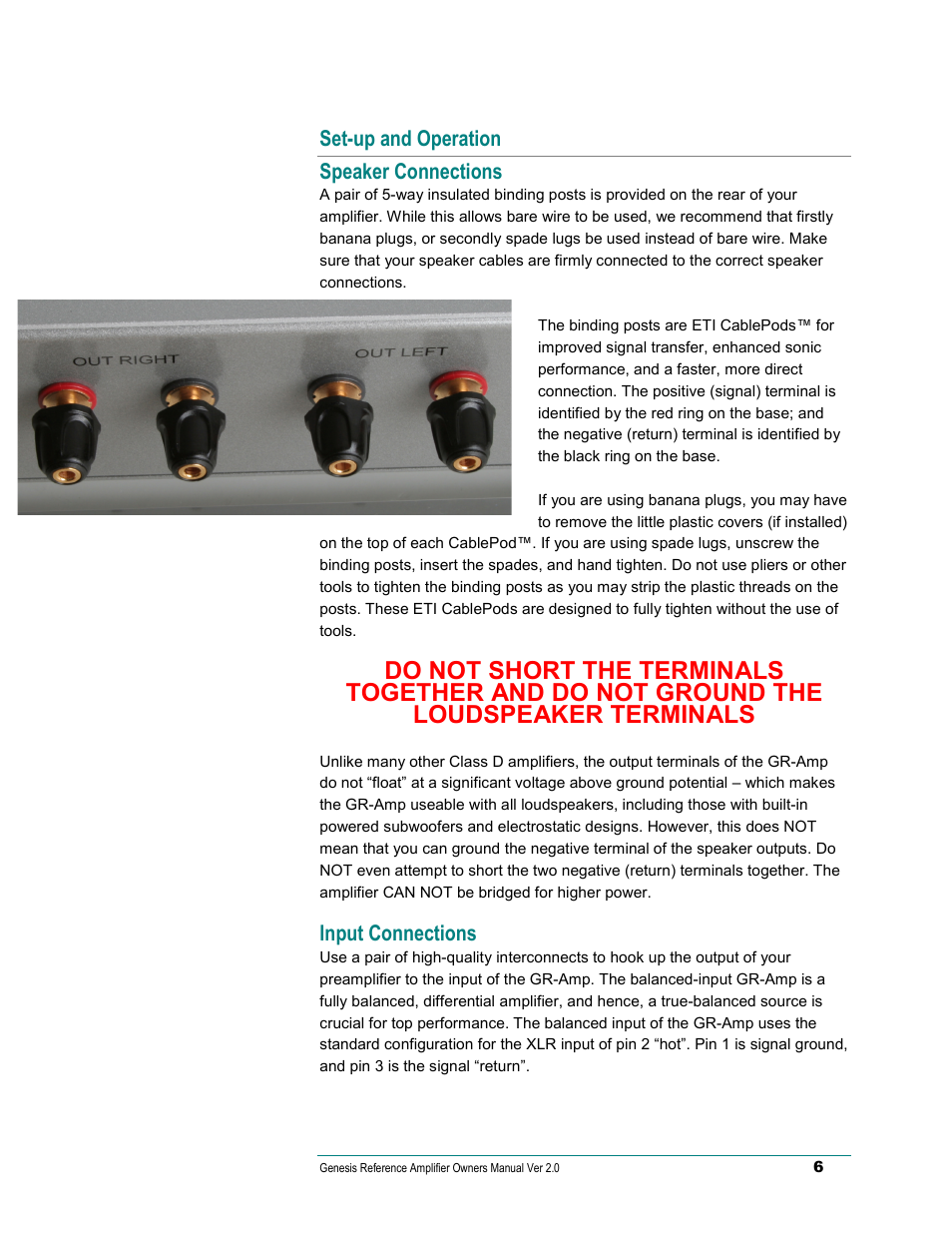 Set-up and operation, Speaker connections, Input connections | Genesis Advanced Technologies Genesis Reference-Series Amplifier None User Manual | Page 7 / 15