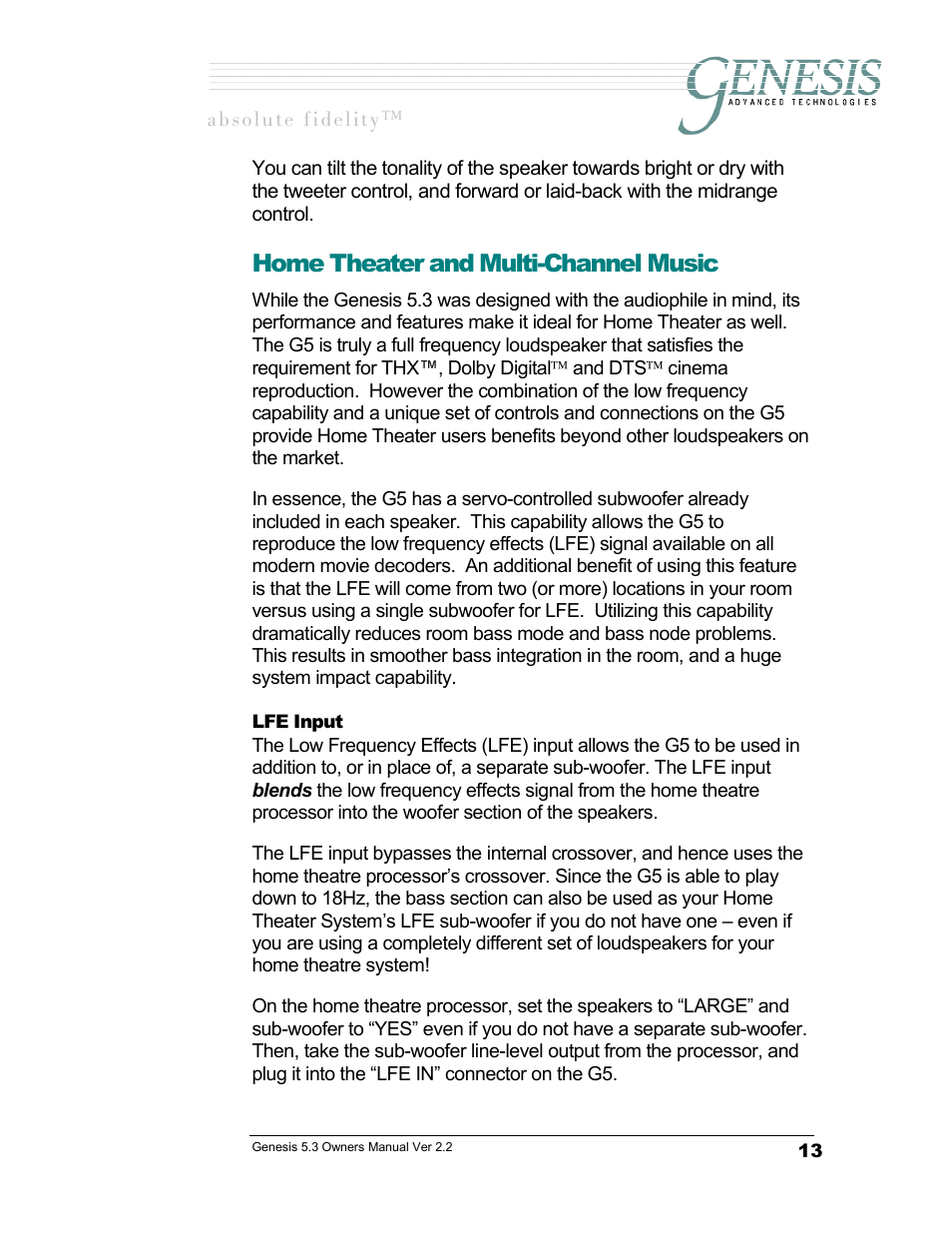 Home theater and multi-channel music, Lfe input, Lfe i | Nput | Genesis Advanced Technologies GENESIS 5.3 User Manual | Page 14 / 24