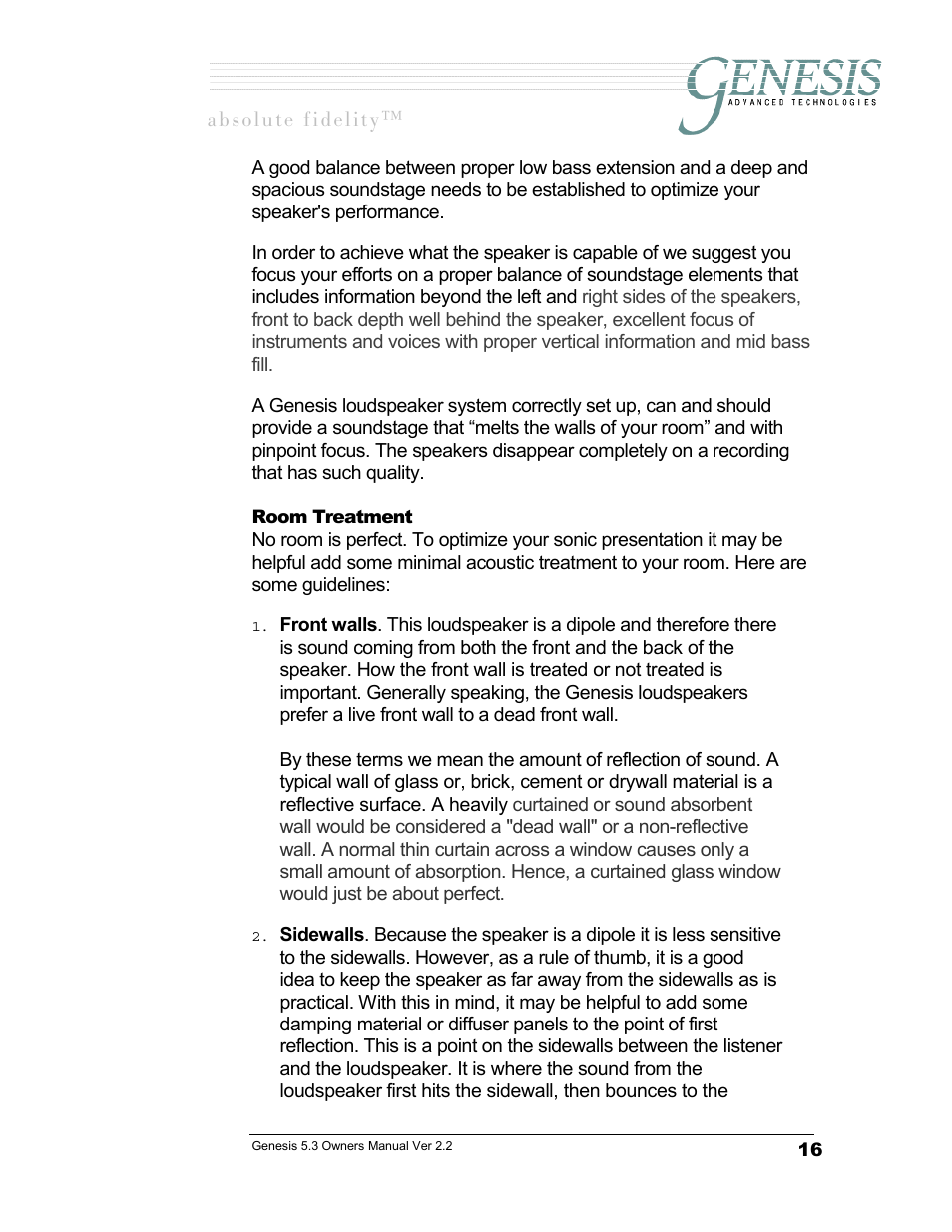 Room treatment, Reatment | Genesis Advanced Technologies GENESIS 5.3 User Manual | Page 17 / 24