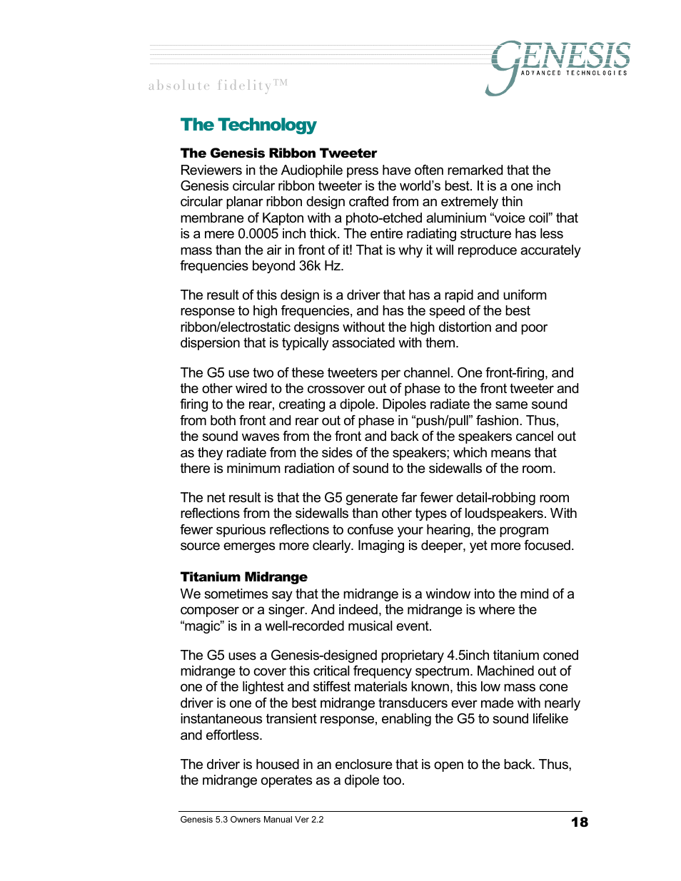 The technology, The genesis ribbon tweeter, Titanium midrange | Enesis, Ibbon, Weeter, Itanium, Idrange | Genesis Advanced Technologies GENESIS 5.3 User Manual | Page 19 / 24