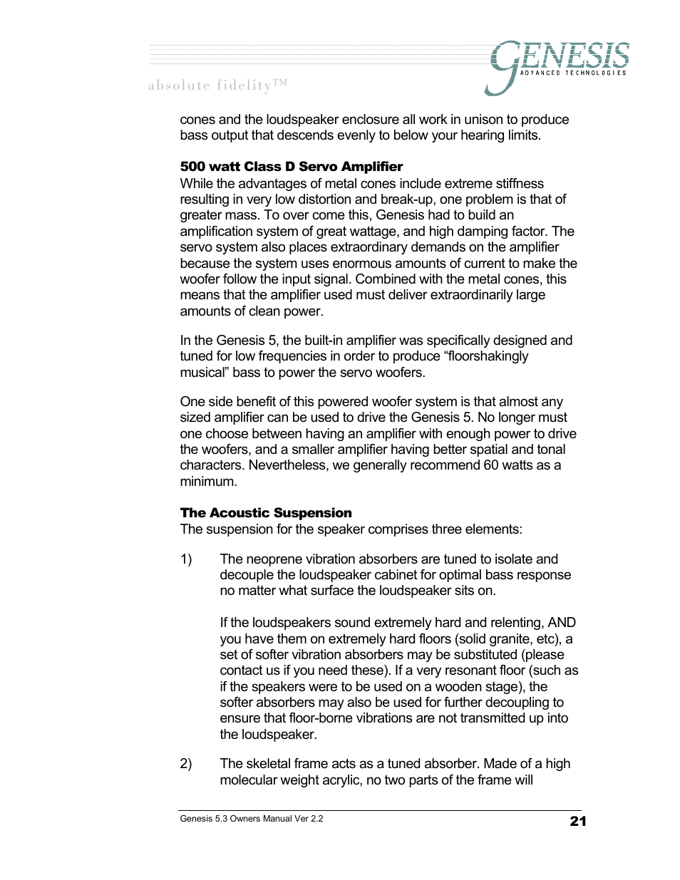 500 watt class d servo amplifier, The acoustic suspension, Watt | Lass, Ervo, Mplifier, Coustic, Uspension | Genesis Advanced Technologies GENESIS 5.3 User Manual | Page 22 / 24