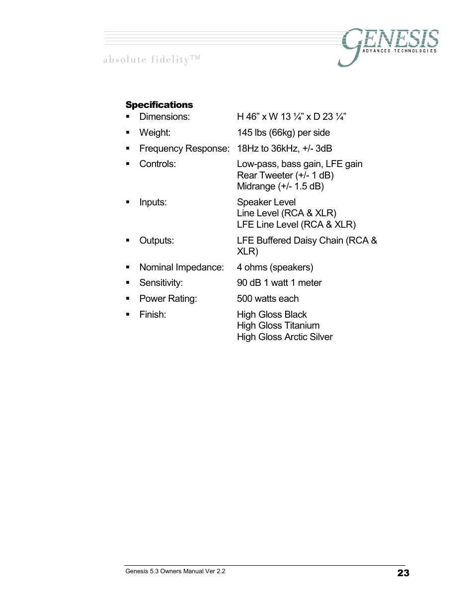 Specifications, Pecifications | Genesis Advanced Technologies GENESIS 5.3 User Manual | Page 24 / 24