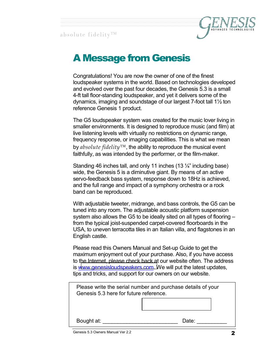 A message from genesis | Genesis Advanced Technologies GENESIS 5.3 User Manual | Page 3 / 24