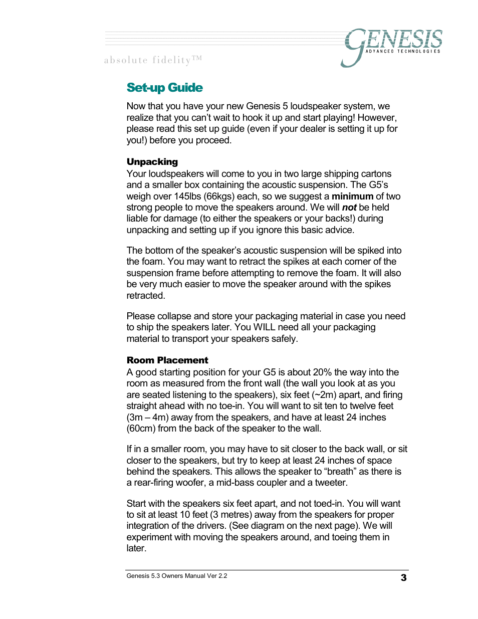 Set-up guide, Unpacking, Room placement | Npacking, Lacement | Genesis Advanced Technologies GENESIS 5.3 User Manual | Page 4 / 24