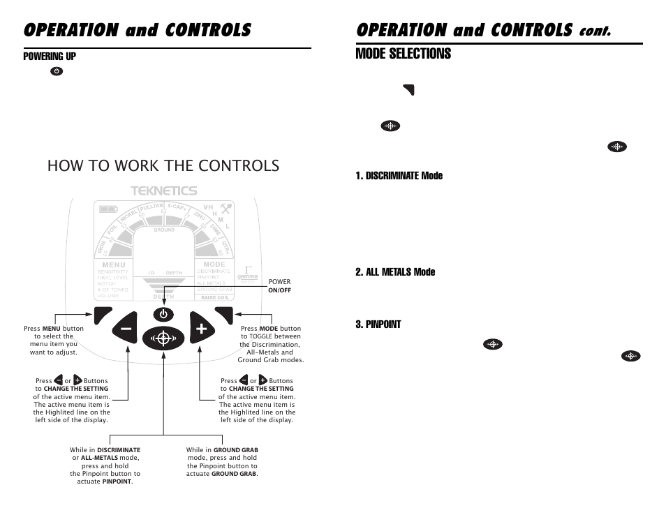 Operation and controls, Cont, How to work the controls | Mode selections | Gamma Sports 6000 User Manual | Page 10 / 24