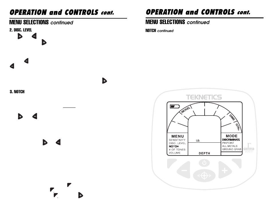 Operation and controls, Cont, Menu selections | Gamma Sports 6000 User Manual | Page 13 / 24