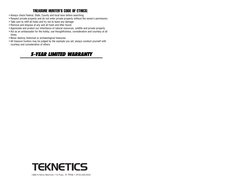 Year limited warranty, Treasure hunter’s code of ethics | Gamma Sports 6000 User Manual | Page 24 / 24