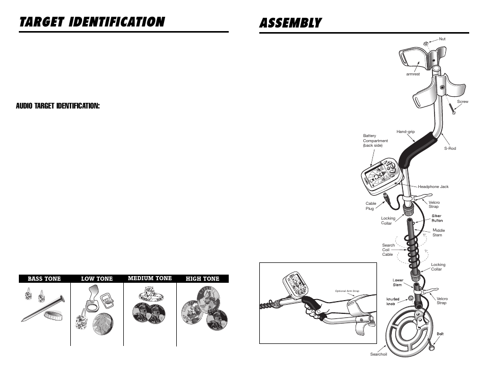 Assembly, Target identification, Adjusting the arm rest | Arm rest strap, Audio target identification | Gamma Sports 6000 User Manual | Page 5 / 24