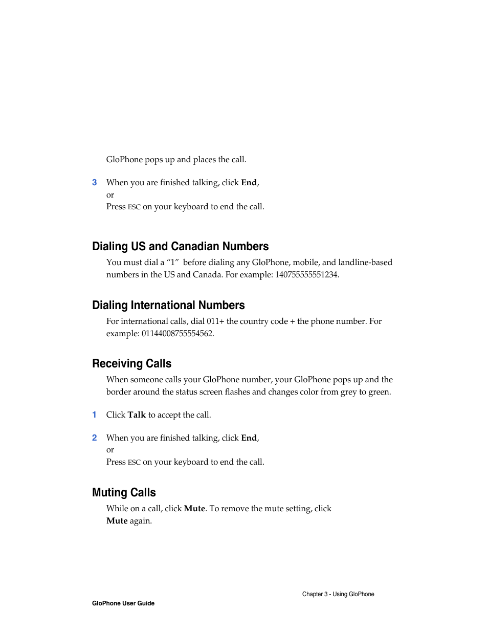 Dialing us and canadian numbers, Dialing international numbers, Receiving calls | Muting calls | Globe GloPhone tglo User Manual | Page 11 / 21