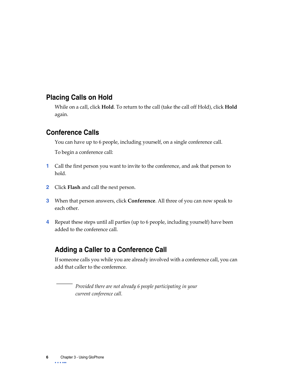 Placing calls on hold, Conference calls, Adding a caller to a conference call | Globe GloPhone tglo User Manual | Page 12 / 21