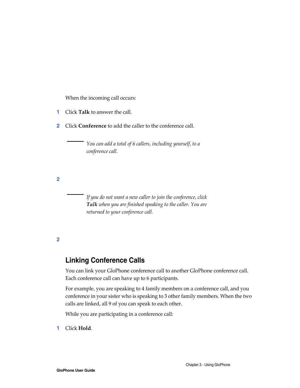 Linking conference calls | Globe GloPhone tglo User Manual | Page 13 / 21