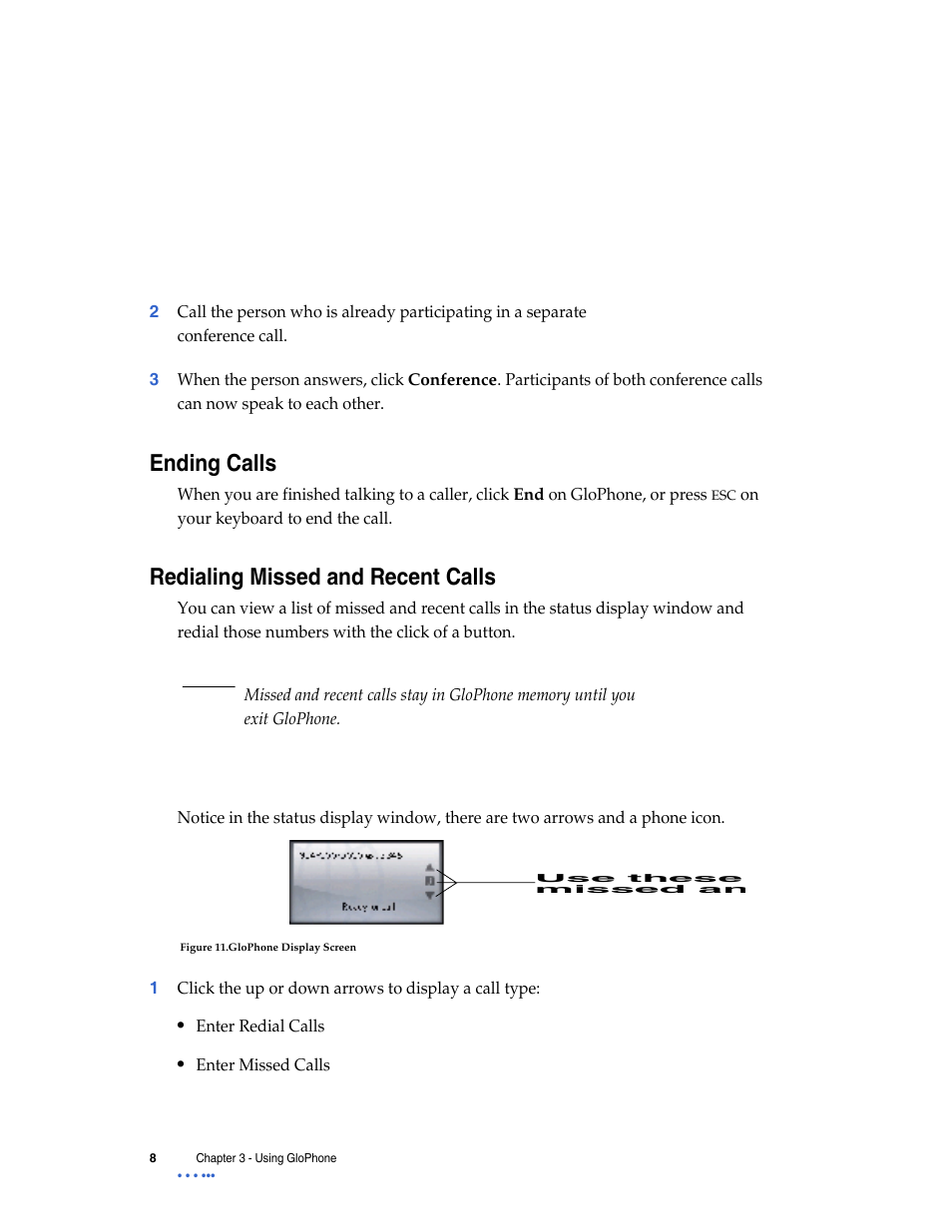 Ending calls, Redialing missed and recent calls | Globe GloPhone tglo User Manual | Page 14 / 21