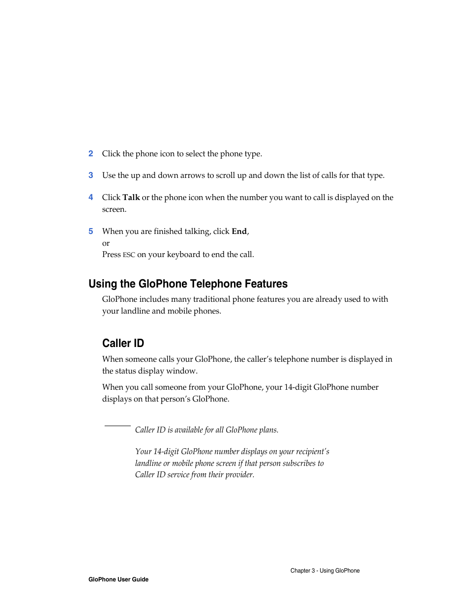 Using the glophone telephone features, Caller id | Globe GloPhone tglo User Manual | Page 15 / 21