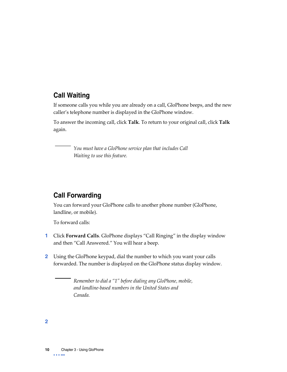 Call waiting, Call forwarding, To forward calls | Globe GloPhone tglo User Manual | Page 16 / 21