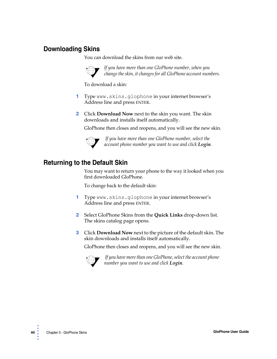 Downloading skins, Returning to the default skin | Globe GloPhone tglo User Manual | Page 21 / 21