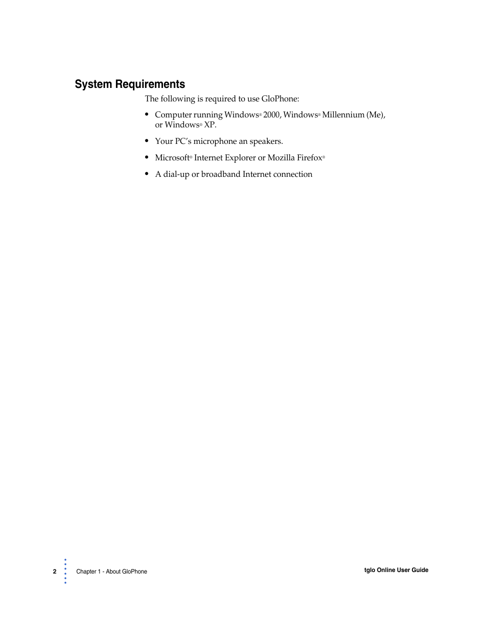 System requirements | Globe GloPhone tglo User Manual | Page 4 / 21