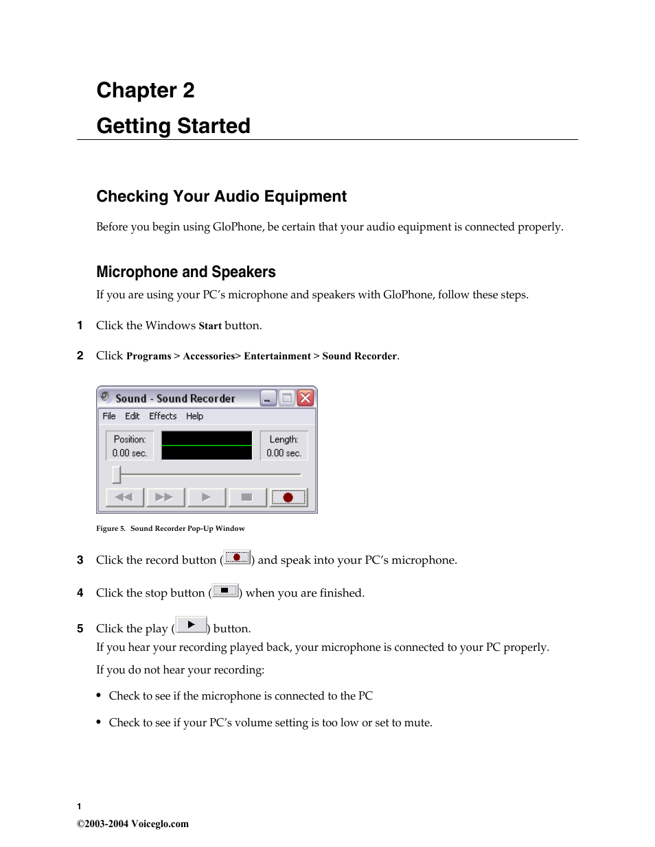 Getting started, Checking your audio equipment, Microphone and speakers | Chapter 2 getting started | Globe GloPhone tglo User Manual | Page 5 / 21