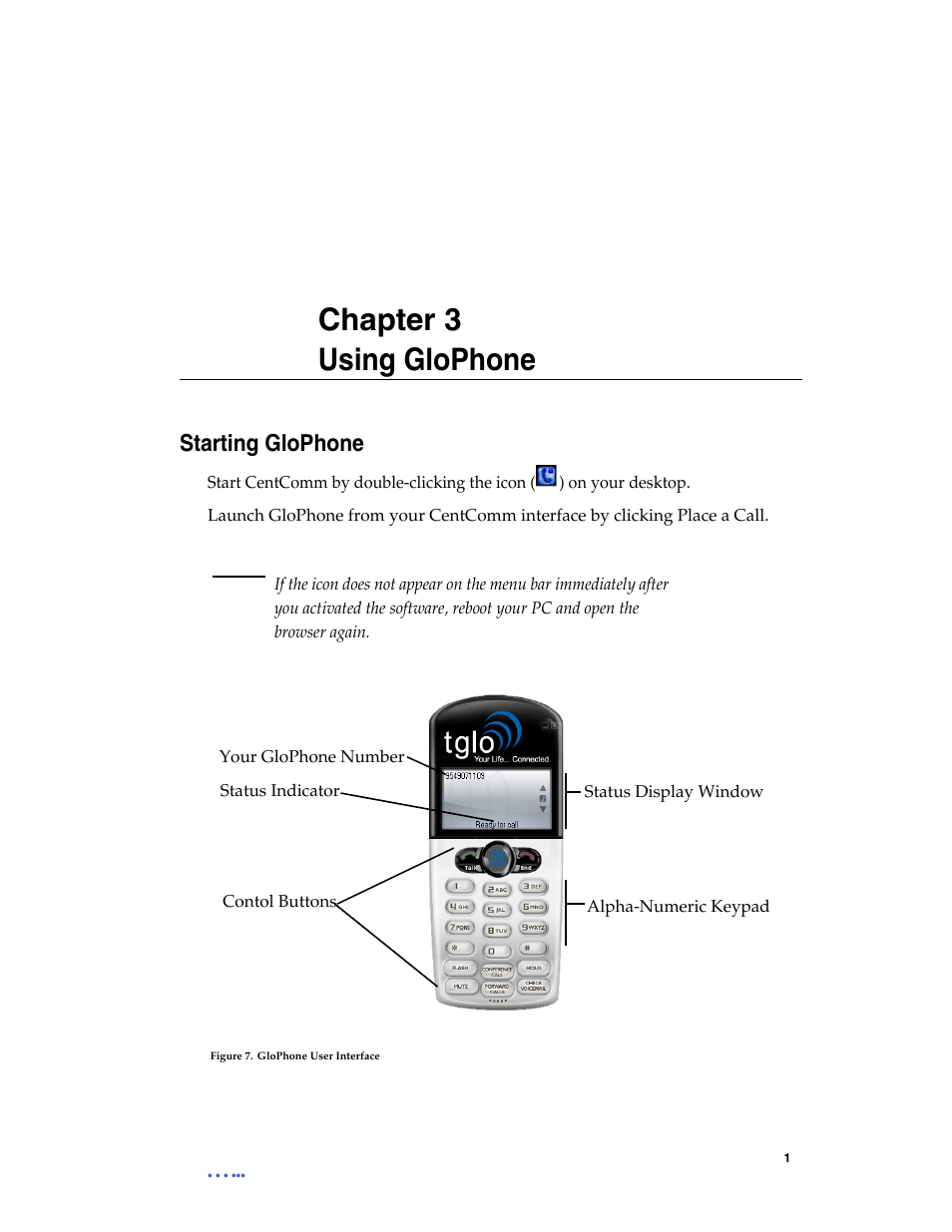 Using glophone, Starting glophone, Chapter 3 using glophone | Globe GloPhone tglo User Manual | Page 7 / 21