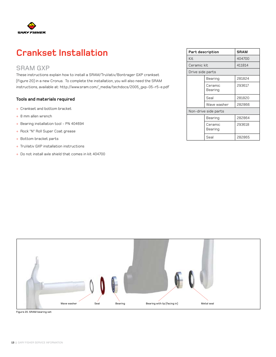 Crankset installation, Sram gxp | Gary Fisher Cronos User Manual | Page 13 / 27