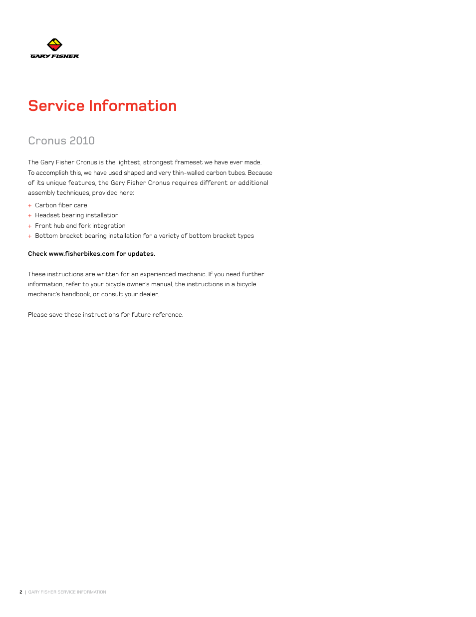 Service information, Cronus 2010 | Gary Fisher Cronos User Manual | Page 2 / 27