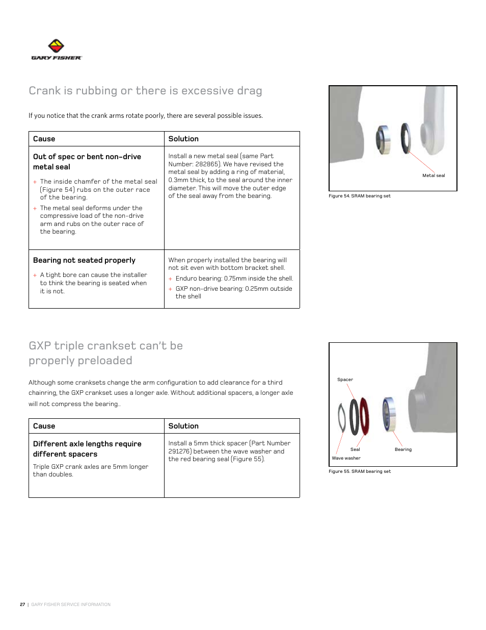 Crank is rubbing or there is excessive drag, Gxp triple crankset can’t be properly preloaded | Gary Fisher Cronos User Manual | Page 27 / 27