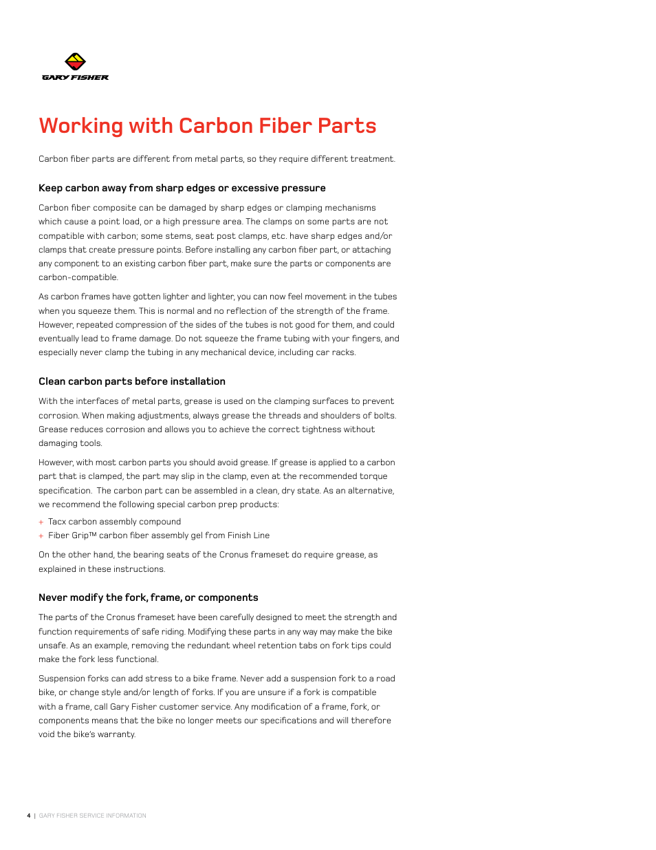 Working with carbon fiber parts | Gary Fisher Cronos User Manual | Page 4 / 27