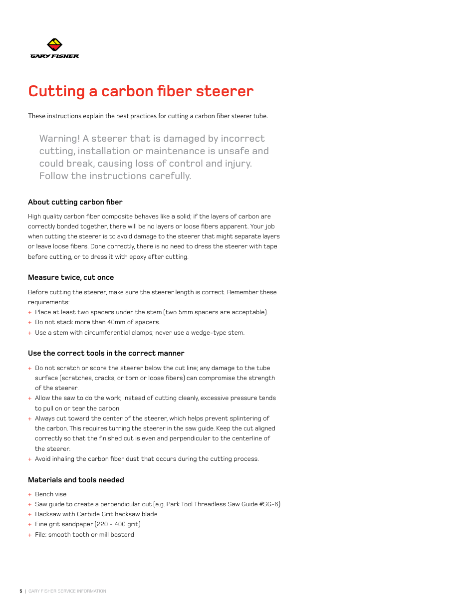 Cutting a carbon fiber steerer | Gary Fisher Cronos User Manual | Page 5 / 27